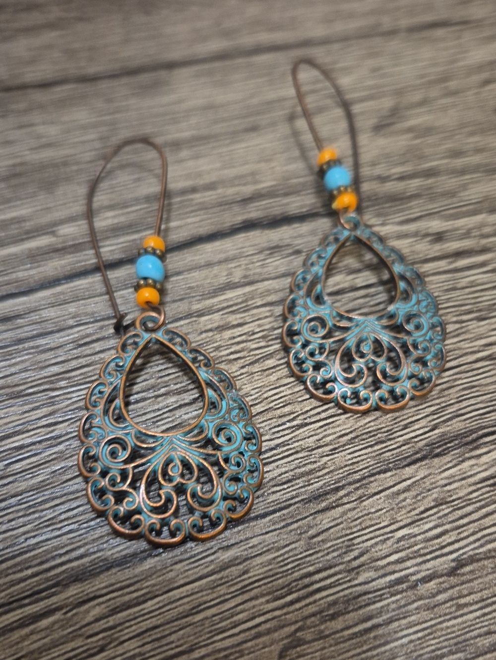 Boho Style Turquoise and Yellow Filigree Bronze Teardrop Earrings